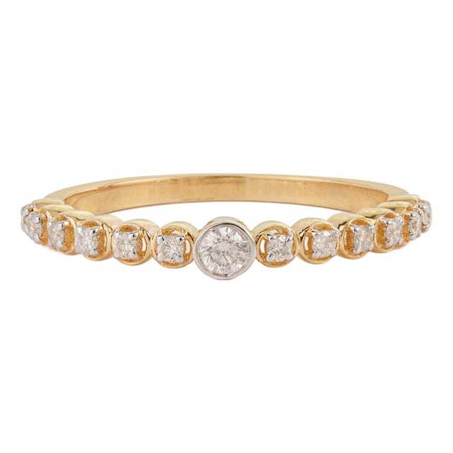 Bezel Set Center Diamond Anniversary Band in 14k Yellow Gold Size 9 For Sale