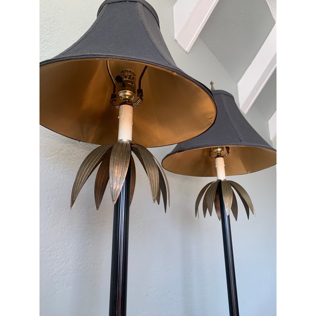 Late 20th Century Late 20th Century Large Palm Buffet Lamps With Brass Accents and Black Shades, Pair For Sale - Image 5 of 13