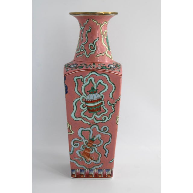 Ceramic Antique Chinese Pink Famille Rose Porcelain Vase, Tongzhi Buddhist Symbols, 15” For Sale - Image 7 of 10