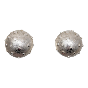 Vintage 1960s Signed Crown Trifari Rhodium Plated Round Domed Studded Clip Earrings- 2 Pieces