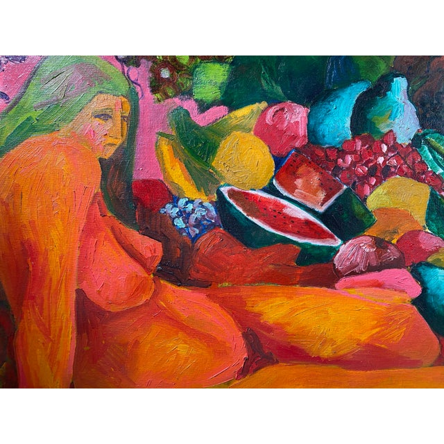 Vintage Colorful Oil on Board Painting of Nude Woman and Fruit in Handmade Geometric Wood Frame, Signed Alfonso Caliendo Circa 1990 For Sale - Image 9 of 12