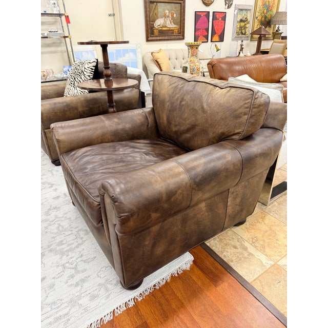 Animal Skin Restoration Hardware Lancaster Classic Brown Leather Luxe Depth Club Chairs For Sale - Image 7 of 7
