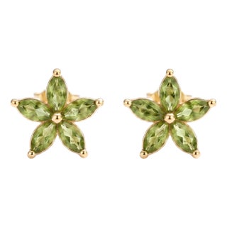 18k Gold Plated Peridot Flower Stud Earrings • Marquise Cut Natural Gemstone Floral Cluster - A Pair For Sale