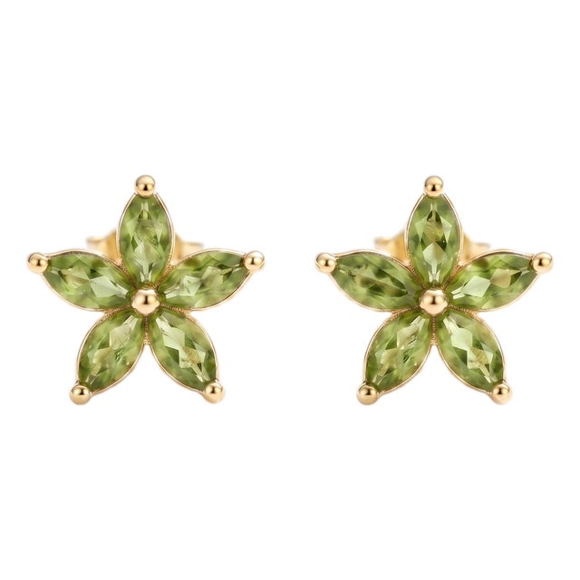 18k Gold Plated Peridot Flower Stud Earrings • Marquise Cut Natural Gemstone Floral Cluster - A Pair For Sale