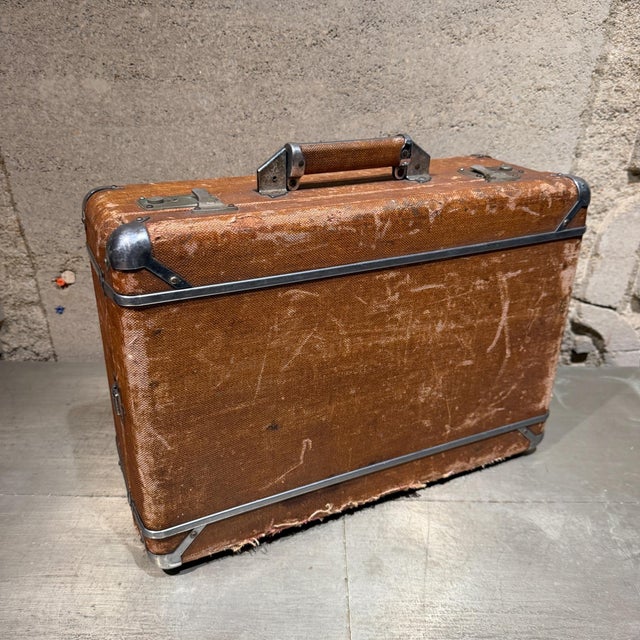 Weathered Brown Vintage Suitcase With Metallic Latches Industrial For Sale - Image 13 of 16