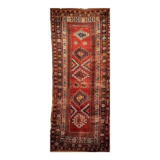 19th Century Caucasian Kazak Rug, Hand-Knotted Wool, Geometric Medallions, 4' x 9' For Sale