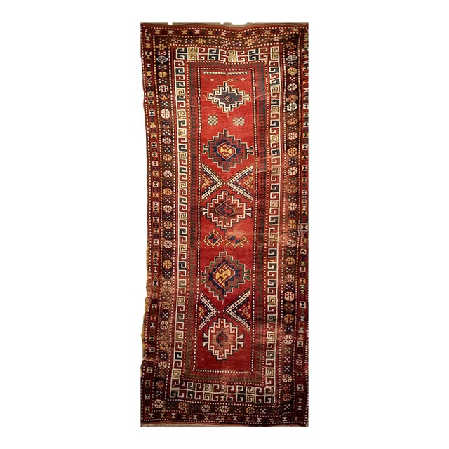 19th Century Caucasian Kazak Rug, Hand-Knotted Wool, Geometric Medallions, 4' x 9' For Sale
