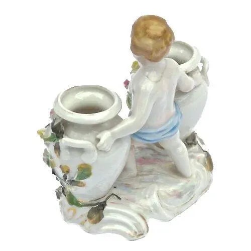 Figurative Vintage Cherub & Floral Dresden Double Vase For Sale - Image 3 of 4