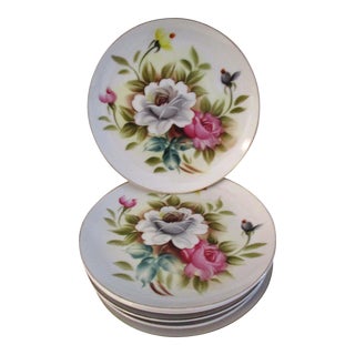 Mid-Century Japanese Hand-Painted Rose Dessert Plates, S/5 For Sale