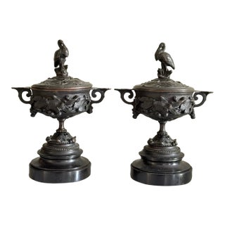 Antique French Napoleon III Bronze Cassolettes Pair - 19thC Empire Mantle Urns Marble Base, Stork Heron Bird Water Lily Ornament Set For Sale