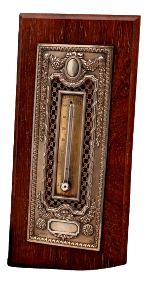 Cut-Out Silver Thermometer with Monogram Card and Wooden Base