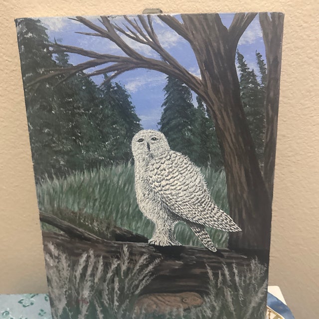 Mid-Century Modern Mid-Century Modern Folk Art Style Snowy Owl Oil Painting – Original Woodland Biophilic Canvas For Sale - Image 3 of 12