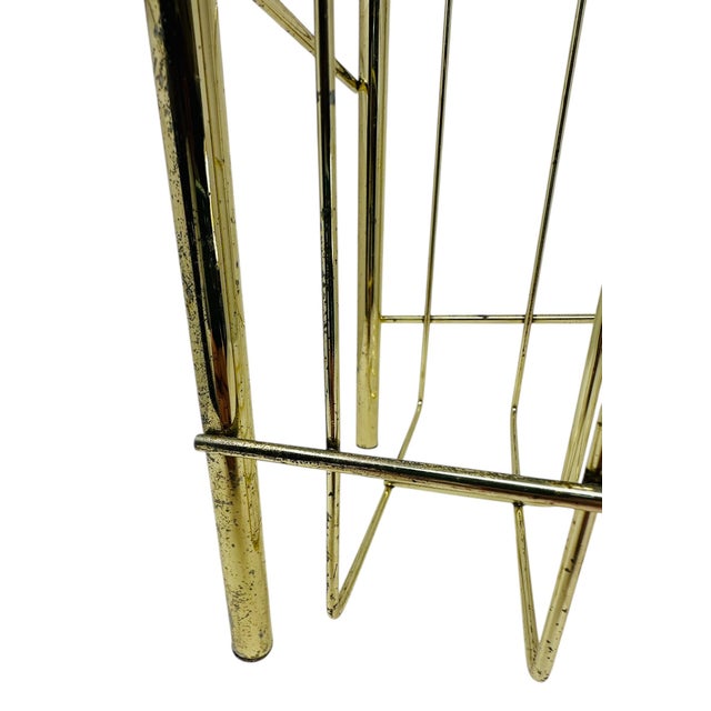 Vintage 1970s Gold Tone Magazine Rack | Mid Century Modern Wire Record Storage Holder | Retro Brass Finish Floor Stand Display | Worn Patina For Sale - Image 11 of 12