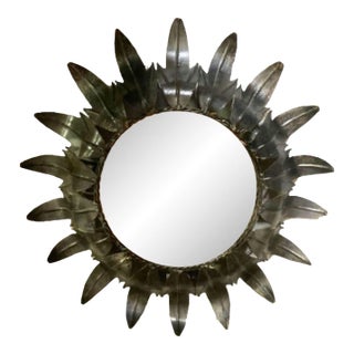 Mid-Century Round Wrought Iron Sheet Sun-Shaped Wall Mirror, 1950s For Sale