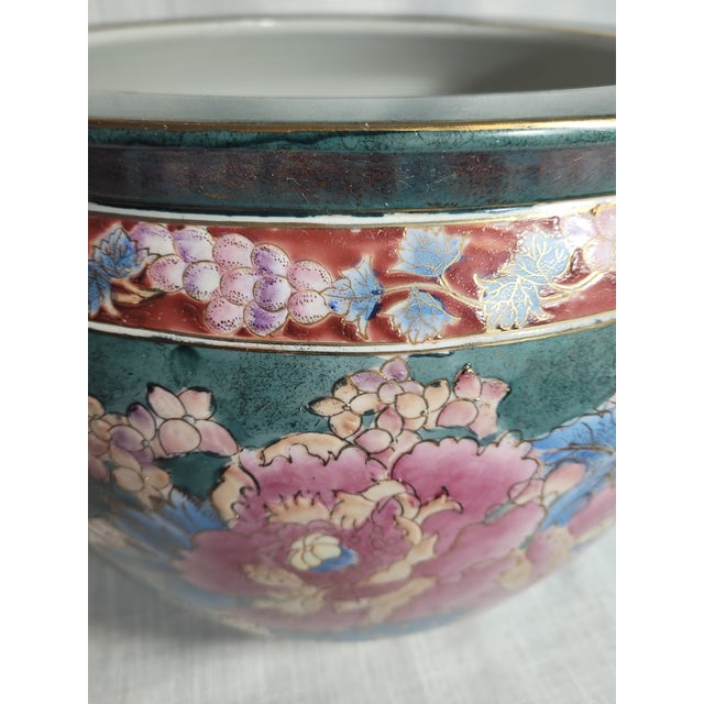 Chinoiserie Vintage English Traditional Floral Jardinière | 17" Statement Vessel With Teal, Pink, Blue & Gold For Sale - Image 3 of 9