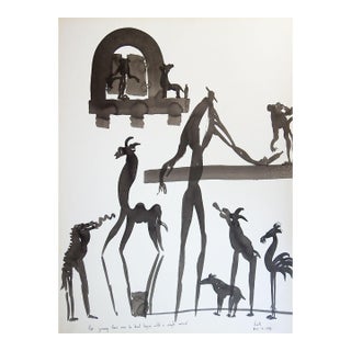 1990s Walter Falk Surreal Ink Drawing Man Beasts & Drink For Sale