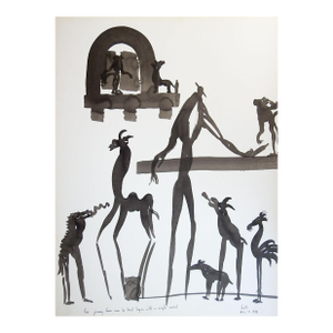 1990s Walter Falk Surreal Ink Drawing Man Beasts & Drink