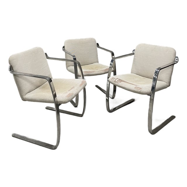 Set of Three Mid Century Modern Chrome Flat-Bar Dining, Office, or Accent Armchairs For Sale