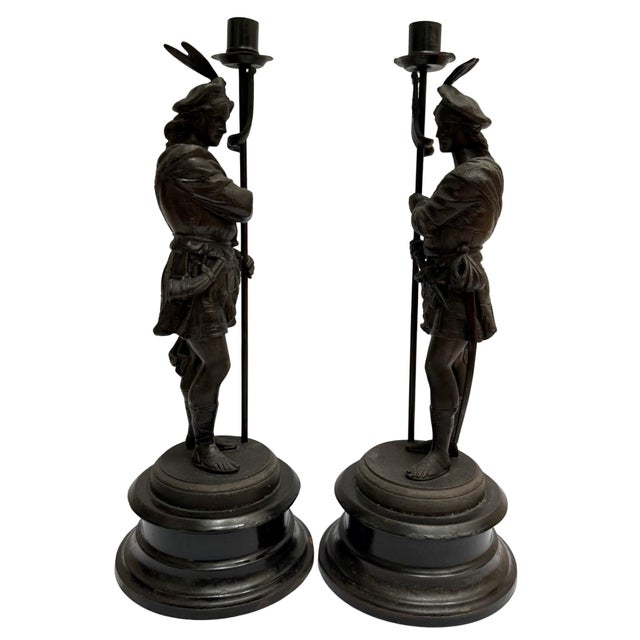 Gothic 19th Century French Antique Spelter Figural Candlesticks – Pair of Renaissance Troubadour Warriors For Sale - Image 3 of 9