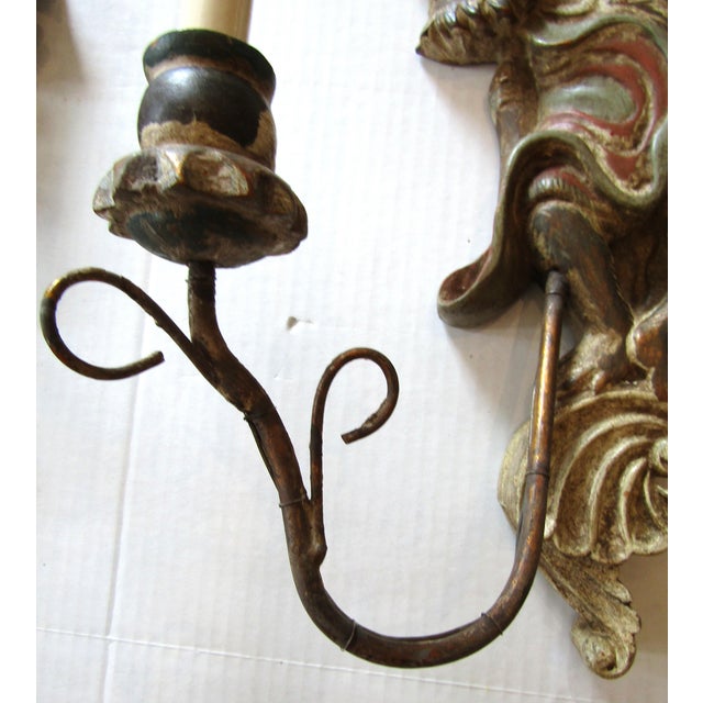 Opposing Pair of Polychrome Hand Carved Wood and Iron Monkey Wall Sconces C 1920 For Sale - Image 13 of 16