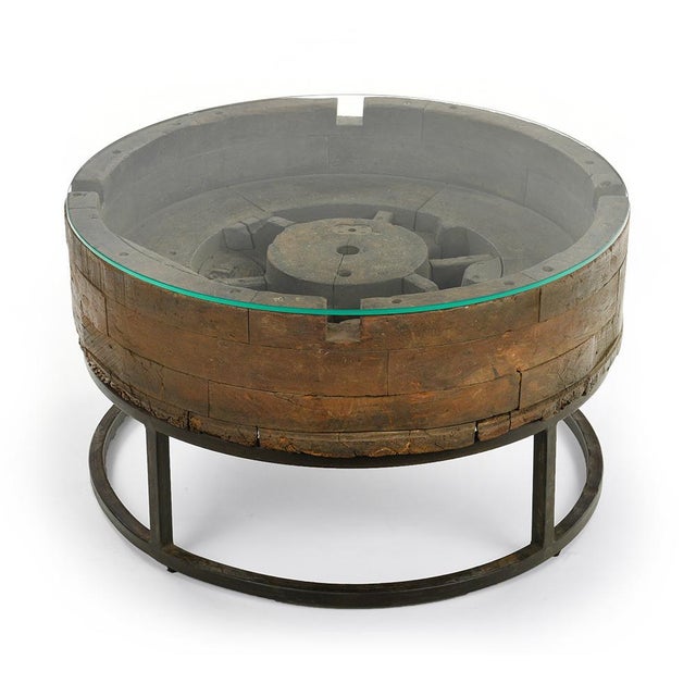 1920s Wooden Coffee Table with Glass Top and Cast Iron Base For Sale - Image 5 of 5
