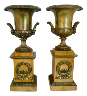 Pair French Empire Bronze and Marble Campana Form Urns