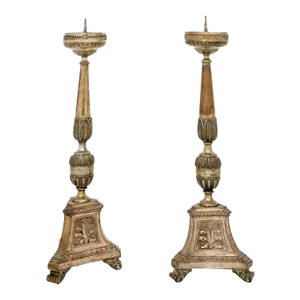19th Century Italian Metal Candlesticks with Silver and Gold Tones - A Pair