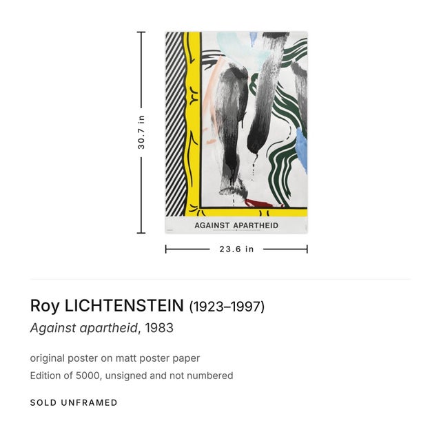 Japanese 1983 Roy Lichtenstein Against Apartheid Poster For Sale - Image 3 of 3