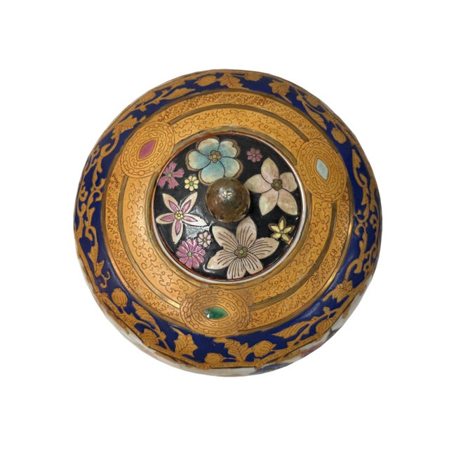Vintage Style Beige Blue Hunting Scene Graphic Porcelain Art Jar For Sale - Image 13 of 13