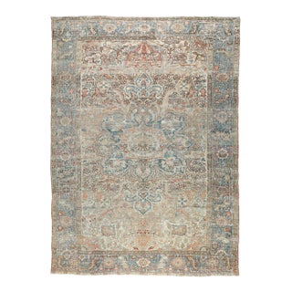 Antique Distressed Heriz Rug – Handwoven Wool on Cotton, Faded Blue & Terracotta Medallion Carpet -7' 11'' X 11' 2'' For Sale