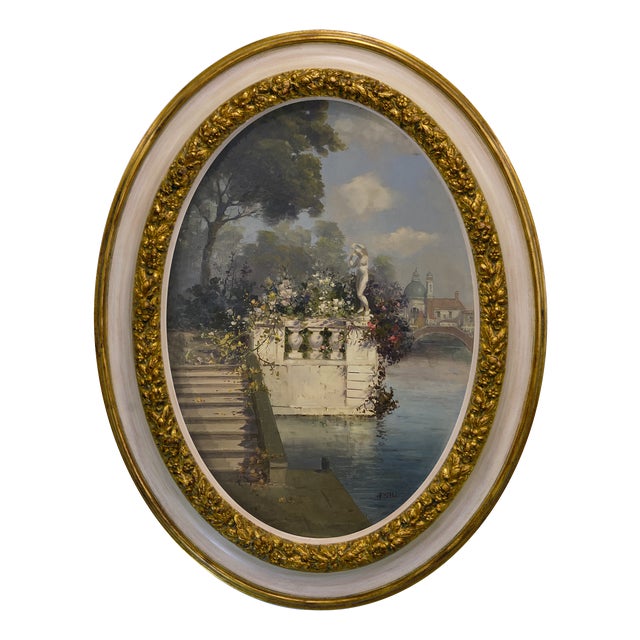 Antonio Celli, Romantic View of the Canal, Oil on Canvas For Sale