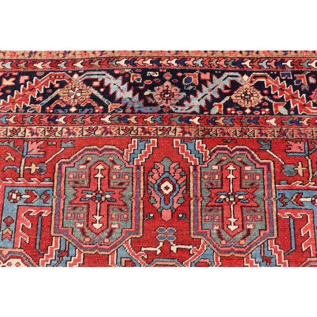 Antique Heriz Rug With Red Field, Geometric Tribal Motifs and Navy Blue Border 9'2 X 11'10 For Sale - Image 9 of 17