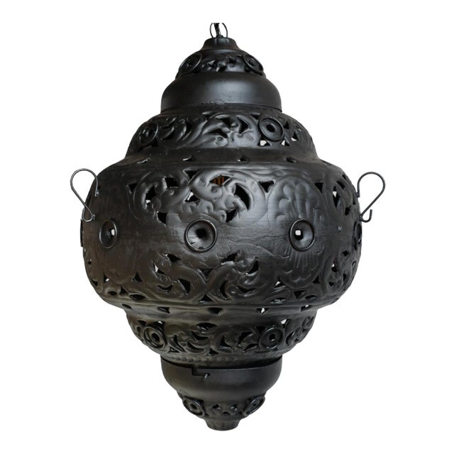 Vintage Black Metal Work Pendant Light Large For Sale