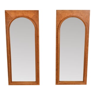 Thomasville Mid-Century Modern Burled Walnut Framed Arched Wall Mirrors, Pair For Sale