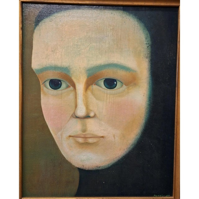 The painting has two labels on the back 1. Passicot Portrait of nobody Oil on canvas 16" X 20" Copyright 1984 2. Monique...