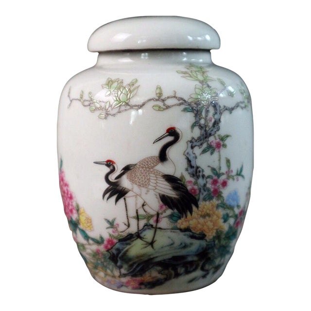 Small Chinese Famille Rose Porcelain Jar With Crane & Floral Motif, 3.7" For Sale