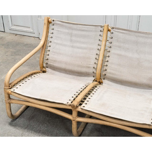 Mid-Century Modern 3-Seater Bench in Rattan and Cotton Canvas, 1960s For Sale - Image 3 of 10