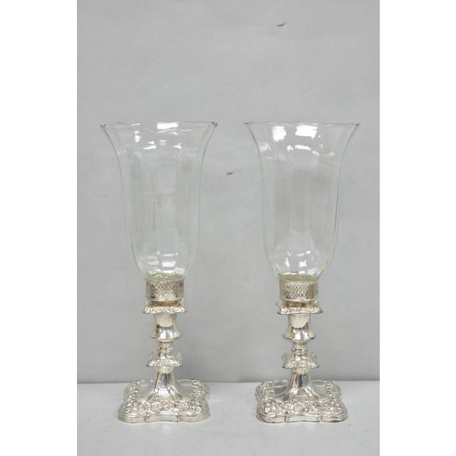 Antique Victorian Silver Plated Glass Hurricane Lamp Shade Candlestick - Pair For Sale - Image 18 of 18