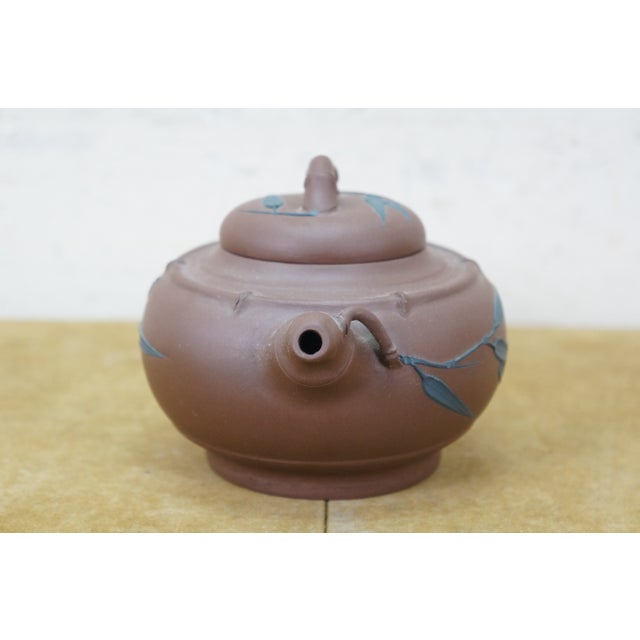 Late 20th Century Vintage Chinese Yixing Zisha Brown Clay Bamboo Leaf Teapot Pitcher 7" For Sale - Image 5 of 13