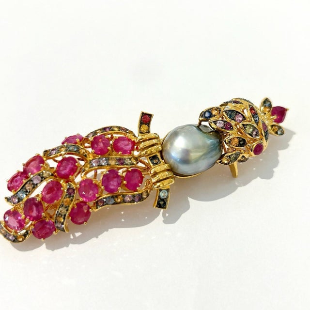 Gemstone The Bochic "Orient" Pearl, Rubies & Sapphires Pendant Set In 18K Gold & Silver For Sale - Image 7 of 18