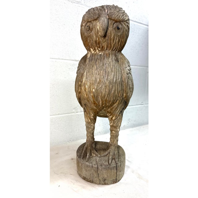 Folk Art 1950s Share Large Hand Carved Solid Wood Folk Art Owl Sculpture Statue Figure For Sale - Image 3 of 10