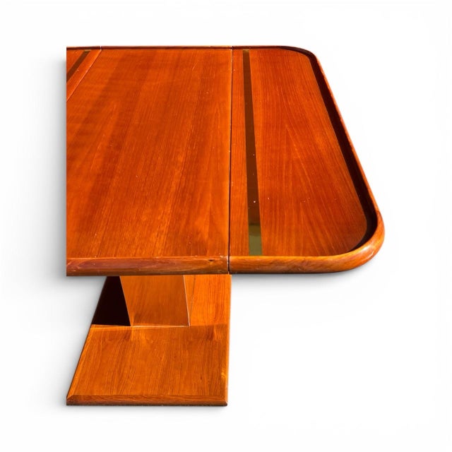 Brown Mid-Century Modern West Germany Drop-Leaf Dining Table With Brass Pedestal & Walter of Wabash Hardware For Sale - Image 8 of 12