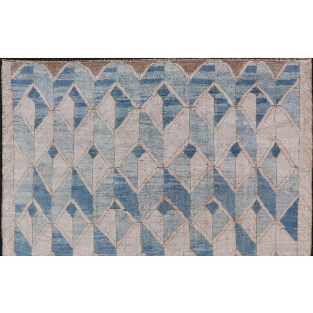 Turkish Mid 20th Century Square Vintage Turkish Oushak Kars Rug in Modern Design With Blue and Light Brown Colors For Sale - Image 3 of 12