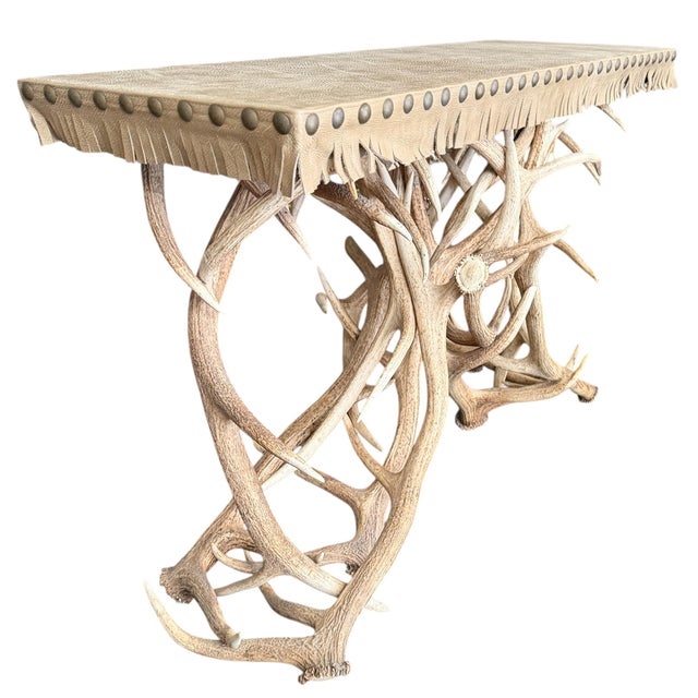 Animal Skin Elk Antler Console Table With Leather Top For Sale - Image 7 of 17