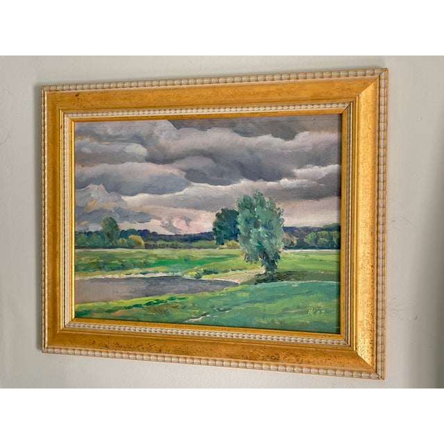 Green Vintage Original Oil Painting Landscape With Rolling Storm Clouds, 1997 For Sale - Image 8 of 12