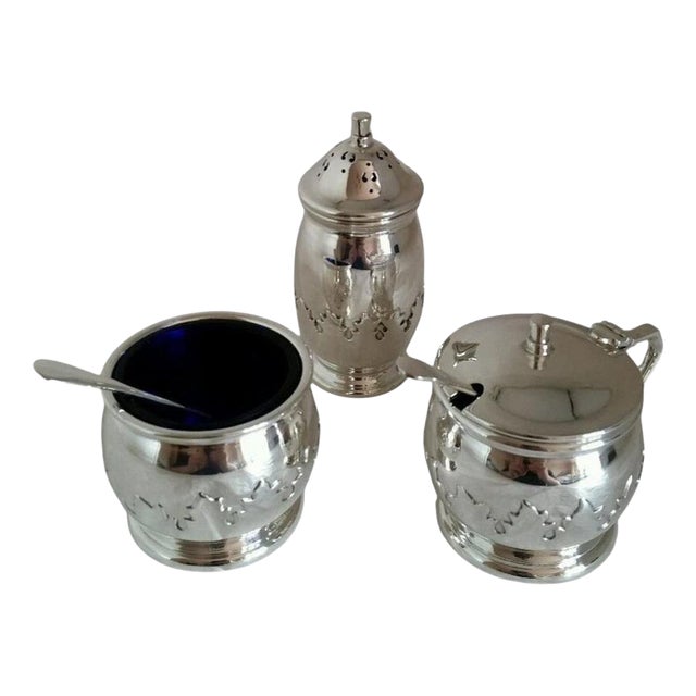 Vintage English Sterling Silver Condiment Set by A. E. Poston, 1930s, Set of 3 For Sale