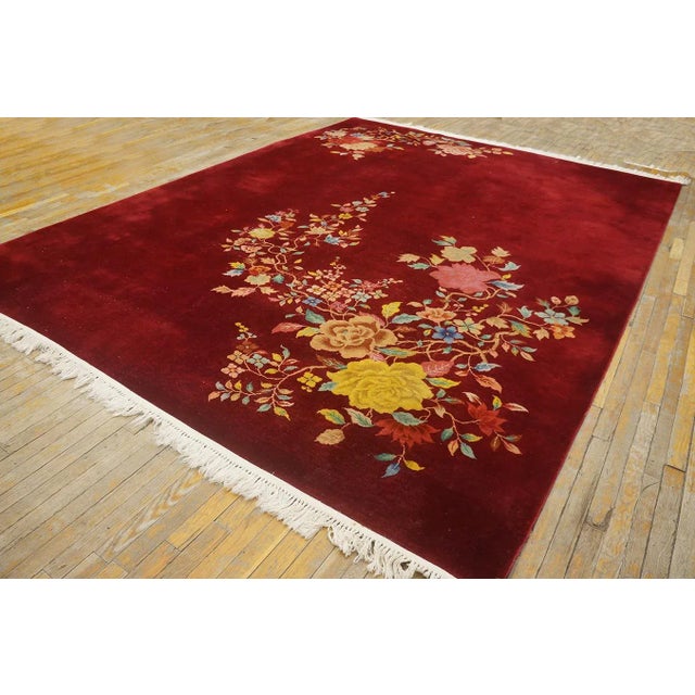 1930s Ruby Red Modern Floral Antique Chinese Art Deco Carpet 8'10" X 11'8" Knotted Wool Rug For Sale - Image 9 of 9