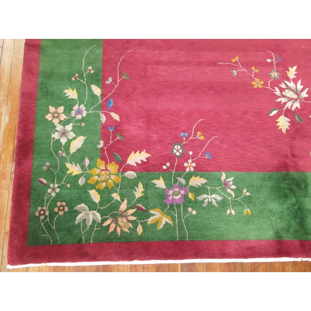 Antique Zabihi Collection Room Size Raspberry Ground Chinese Art Deco Rug For Sale - Image 4 of 10