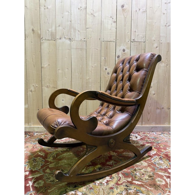 Wood Chesterfield Rocking Chair in Havana Leather, 1960s For Sale - Image 7 of 7