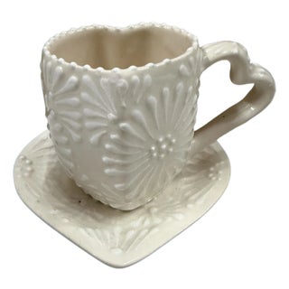Heart-Shaped White Glazed Taza De Barro Clay Cup and Saucer (10 Oz) – Handmade in Mexico For Sale